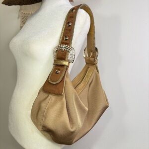 Kathy Van Zeeland RARE Vtg Y2K Faux Leather Calf Hair Fur Rhinestone Hobo Bag